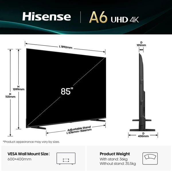 LED TV,215cm, 4K, Dolby Vision,VIDAA - slika A