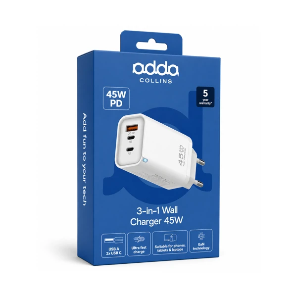 Punjač; USB-C (2x); USB-A; 45W; GaN; Whi - slika A