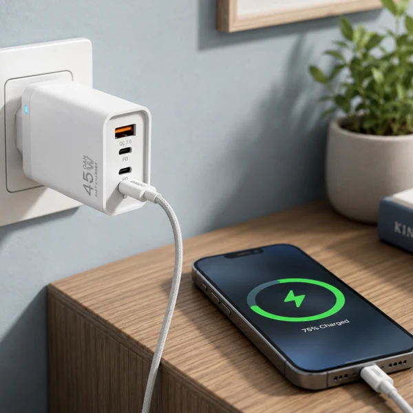 Punjač; USB-C (2x); USB-A; 45W; GaN; Whi - slika B